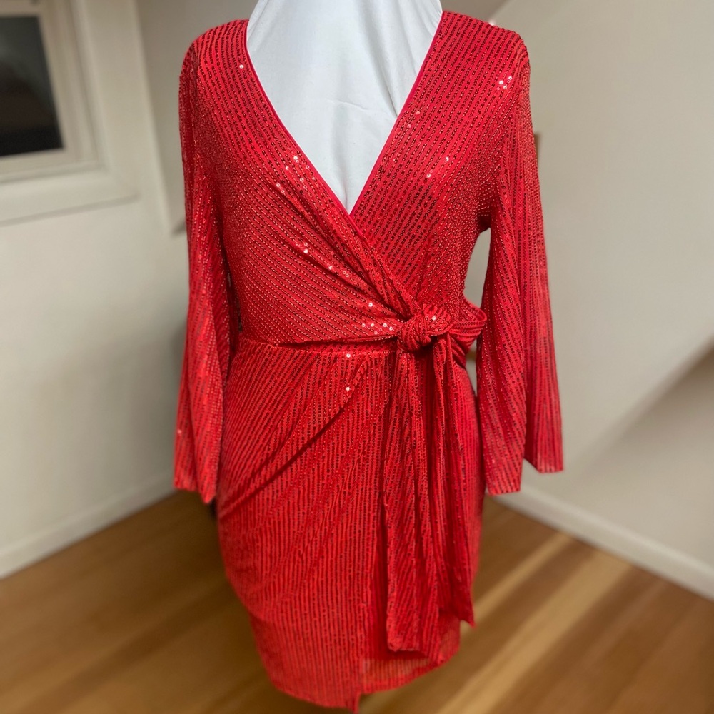 NWOT red sequin tie-front dress